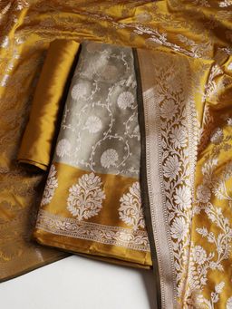 MEENA BAZAAR - Women Woven Chanderi Unstitched Grey Kurta with Pant and Dupatta