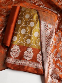 MEENA BAZAAR - Women Woven Chanderi Unstitched Mustard Kurta with Pant and Dupatta