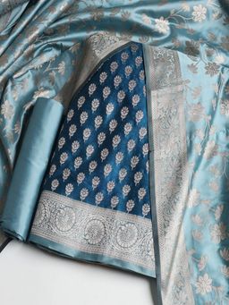 MEENA BAZAAR - Womens Woven Chanderi Unstitched Blue Kurta with Pant and Dupatta