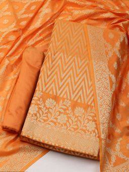MEENA BAZAAR - Geometric Printed Chanderi Unstitched Orange Kurta with Pant and Dupatta
