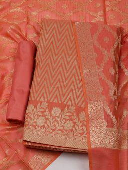MEENA BAZAAR - Geometric Printed Chanderi Unstitched Peach Kurta with Pant and Dupatta
