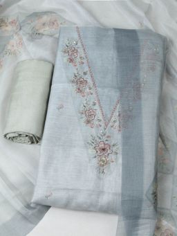 MEENA BAZAAR - Embroidered Art Silk Unstitched Grey Kurta with Pant and Dupatta