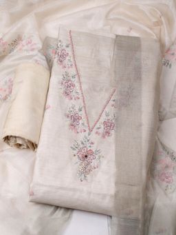 MEENA BAZAAR - Embroidered Art Silk Unstitched Cream Kurta with Pant and Dupatta