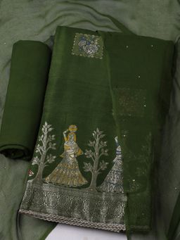 MEENA BAZAAR - Women's Woven Chanderi Unstitched Green Kurta with Pant and Dupatta