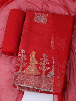 MEENA BAZAAR - Women Woven Chanderi Unstitched Rust Kurta with Pant and Dupatta
