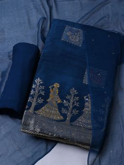 MEENA BAZAAR - Women Woven Chanderi Unstitched Blue Kurta with Pant and Dupatta