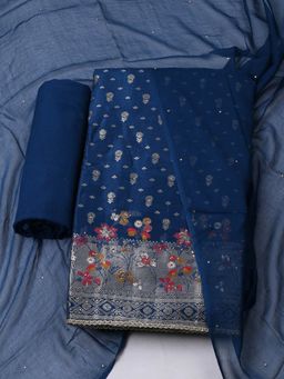 MEENA BAZAAR - Women's Woven Chanderi Unstitched Blue Kurta with Pant and Dupatta