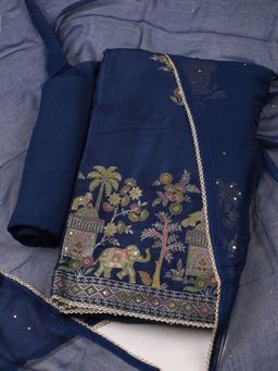 MEENA BAZAAR - Women Woven Chanderi Blue Unstitched Kurta with Pant and Dupatta