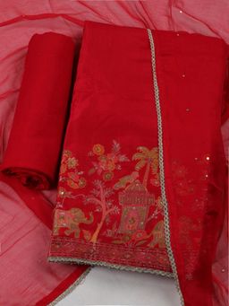 MEENA BAZAAR - Woven Chanderi Unstitched Red Kurta with Pant and Dupatta