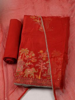 MEENA BAZAAR - Woven Chanderi Unstitched Rust Kurta with Pant and Dupatta