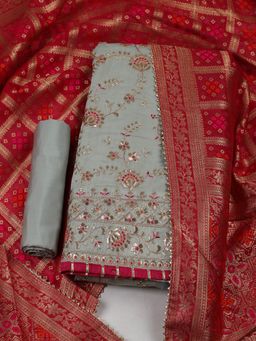 MEENA BAZAAR - Embroidered Chanderi Unstitched Grey Kurta with Pant and Dupatta