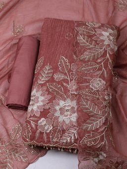 MEENA BAZAAR - Embroidered Art Silk Unstitched Brown Kurta with Pant and Dupatta