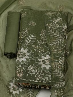 MEENA BAZAAR - Women Embroidered Art Silk Unstitched Green Kurta with Pant and Dupatta