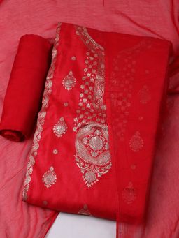 MEENA BAZAAR - Women's Woven Chanderi Red Unstitched Kurta with Pant and Dupatta
