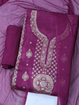 MEENA BAZAAR - Woven Chanderi Unstitched Wine Kurta with Pant and Dupatta