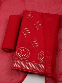 MEENA BAZAAR - Women Woven Chanderi Unstitched Red Kurta with Pant and Dupatta