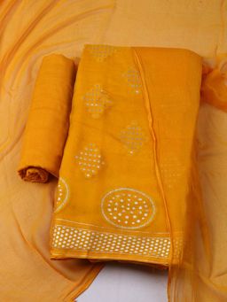 MEENA BAZAAR - Womens Woven Chanderi Unstitched Mustard Kurta with Pant and Dupatta