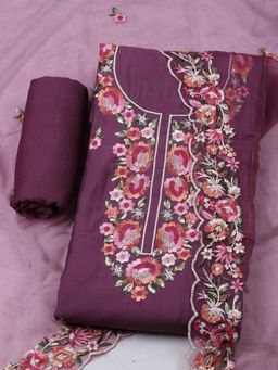 MEENA BAZAAR - Embroidered Chanderi Unstitched Lavender Kurta with Pant and Dupatta