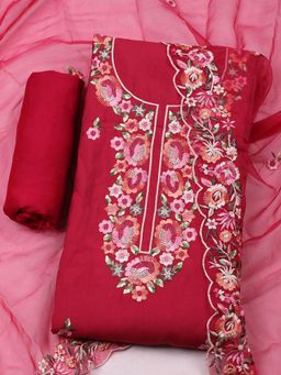 MEENA BAZAAR - Women Embroidered Chanderi Unstitched Pink Kurta with Pant and Dupatta