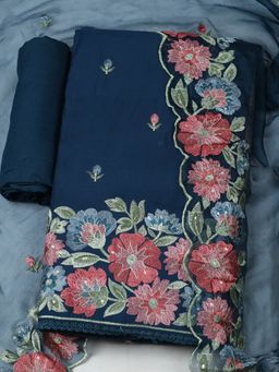 MEENA BAZAAR - Embroidered Chanderi Unstitched Blue Kurta with Pant and Dupatta