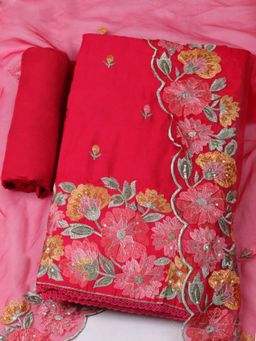MEENA BAZAAR - Embroidered Chanderi Unstitched Pink Kurta with Pant and Dupatta