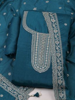 MEENA BAZAAR - Women Embroidered Chinon Unstitched Blue Kurta with Pant and Dupatta