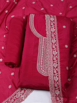 MEENA BAZAAR - Women Embroidered Chinon Unstitched Pink Kurta with Pant and Dupatta