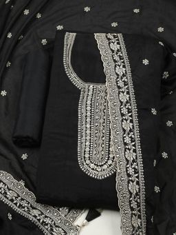 MEENA BAZAAR - Women Embroidered Chinon Unstitched Black Kurta with Pant and Dupatta