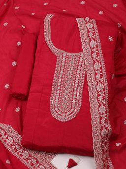 MEENA BAZAAR - Women's Embroidered Chinon Unstitched Pink Kurta with Pant and Dupatta
