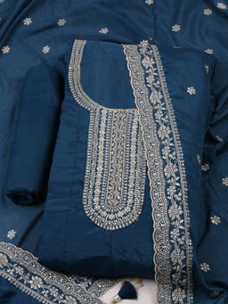 MEENA BAZAAR - Womens Embroidered Chinon Unstitched Blue Kurta with Pant and Dupatta