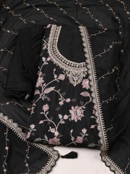 MEENA BAZAAR - Embroidered Chinon Unstitched Black Kurta with Pant and Dupatta