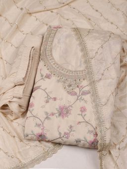 MEENA BAZAAR - Women Embroidered Chinon Unstitched Cream Kurta with Pant and Dupatta