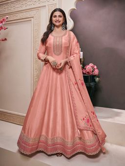 MEENA BAZAAR - Women Embroidered Art Silk Unstitched Peach Kurta with Pant and Dupatta