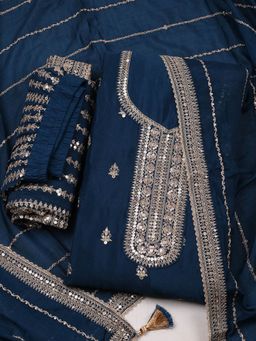 MEENA BAZAAR - Women's Embroidered Chinon Unstitched Blue Kurta with Pant and Dupatta