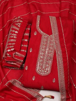 MEENA BAZAAR - Embroidered Chinon Unstitched Red Kurta with Pant and Dupatta