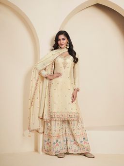 MEENA BAZAAR - Embroidered Chinon Unstitched Cream Kurta with Pant and Dupatta