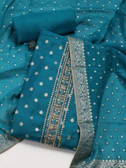 MEENA BAZAAR - Printed Mirror Work Chanderi Unstitched Blue Kurta with Pant and Dupatta