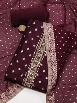 MEENA BAZAAR - Printed Mirror Work Chanderi Unstitched Wine Kurta with Pant and Dupatta