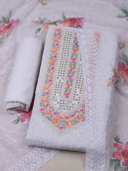 MEENA BAZAAR - Embroidered Georgette Unstitched White Kurta with Pant and Dupatta