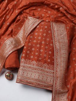 MEENA BAZAAR - Woven Art Silk Unstitched Red Kurta with Pant and Dupatta