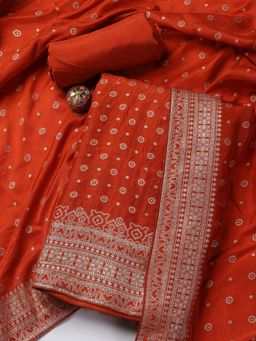 MEENA BAZAAR - Woven Art Silk Unstitched Rust Kurta with Pant and Dupatta