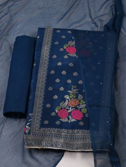 MEENA BAZAAR - Womens Woven Chanderi Blue Unstitched Kurta with Pant and Dupatta