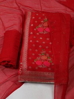 MEENA BAZAAR - Woven Chanderi Red Unstitched Kurta with Pant and Dupatta