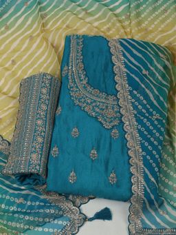MEENA BAZAAR - Women Embroidered Art Silk Unstitched Blue Kurta with Pant and Dupatta