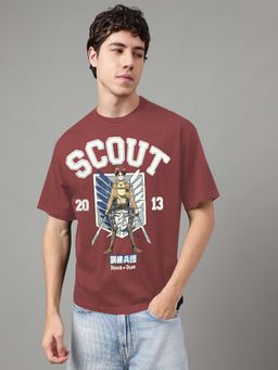 Free Authority - Brown Scout Oversized Printed Graphic Cotton T-Shirt for Men
