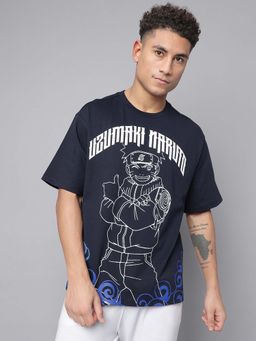 Free Authority - Navy Blue Oversized Ruto Graphic Printed Oversized T-Shirt for Men