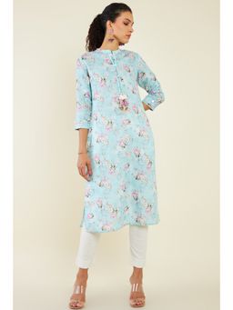 Soch - Women Blue Linen Printed Kurta