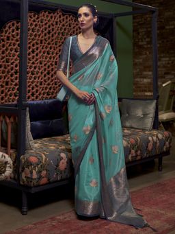Akhilam - Womens Organza Blue Woven Designer Saree with Unstitched Blouse