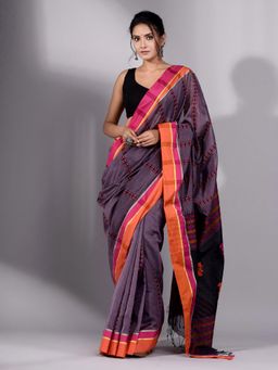 CHARUKRITI - Graphite Grey Cotton Soft Handwoven Saree with Duel Bordar Without Blouse