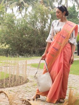 Beatitude - Orange Blended Cotton Saree With Unstitched Blouse
